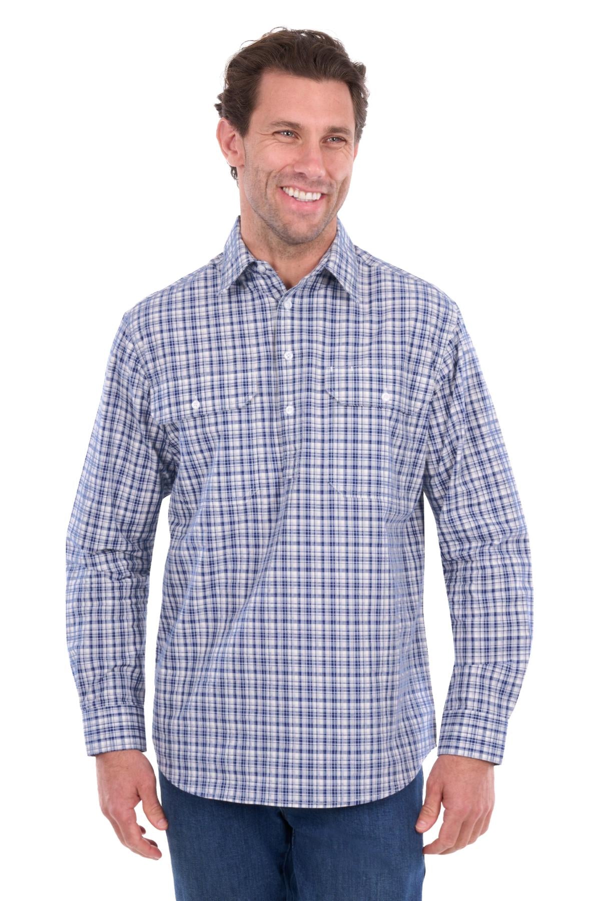 'Brooks' Half Button Longsleeve Shirt - Blue/White