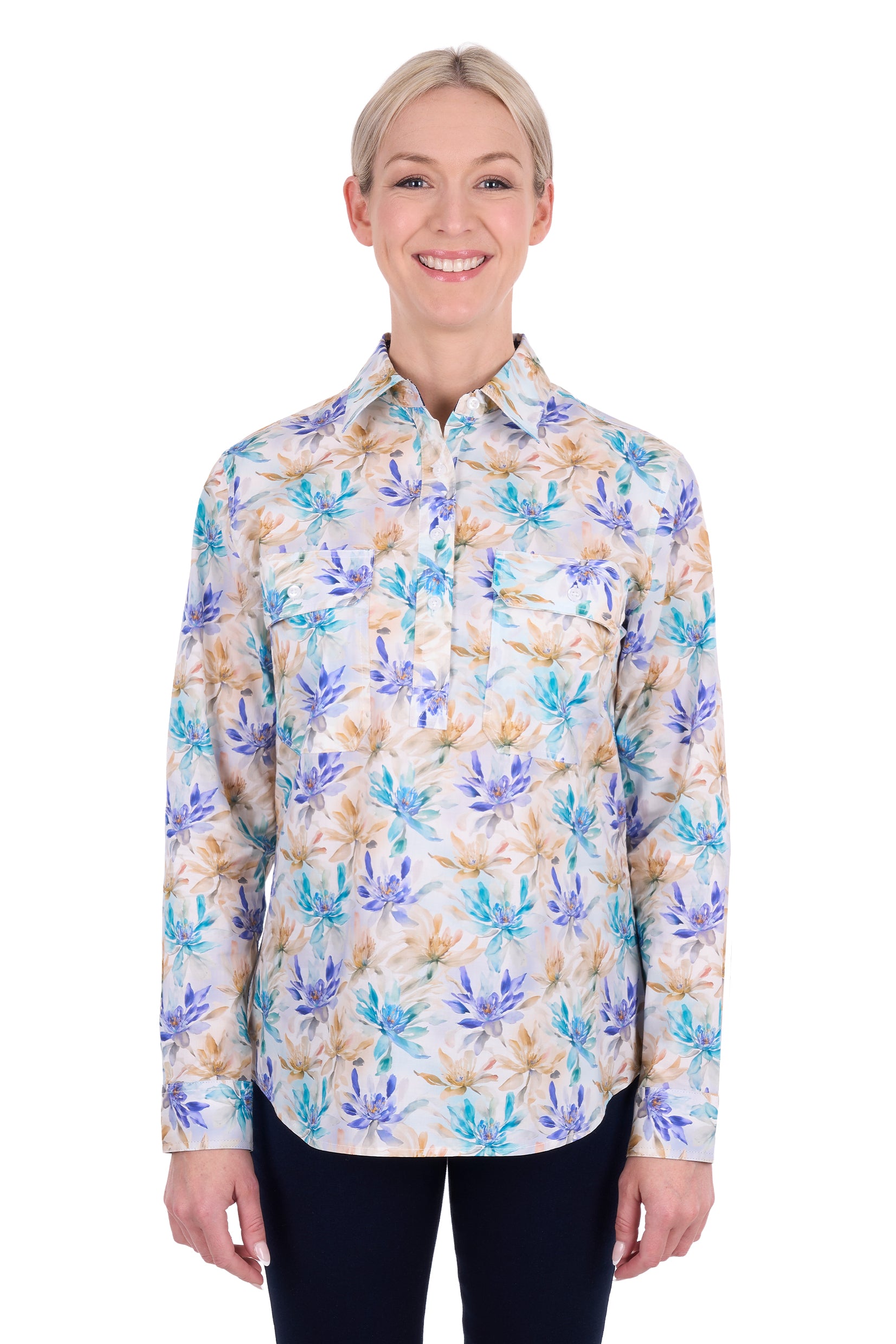 ‘Meadow' Half Placket Longsleeve Shirt - Blue Multi