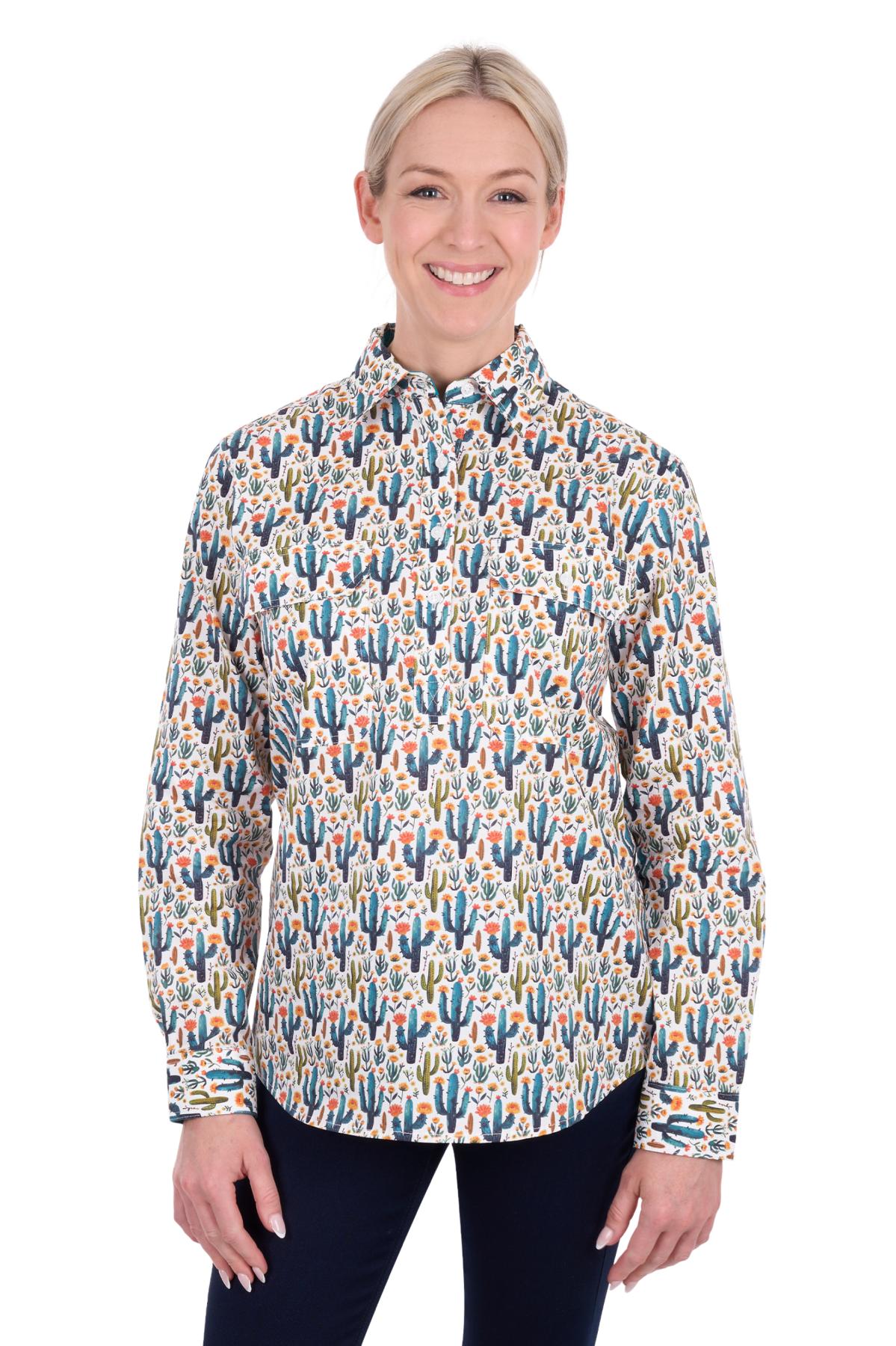 'Alba' Half Placket Longsleeve Shirt - Teal/Green