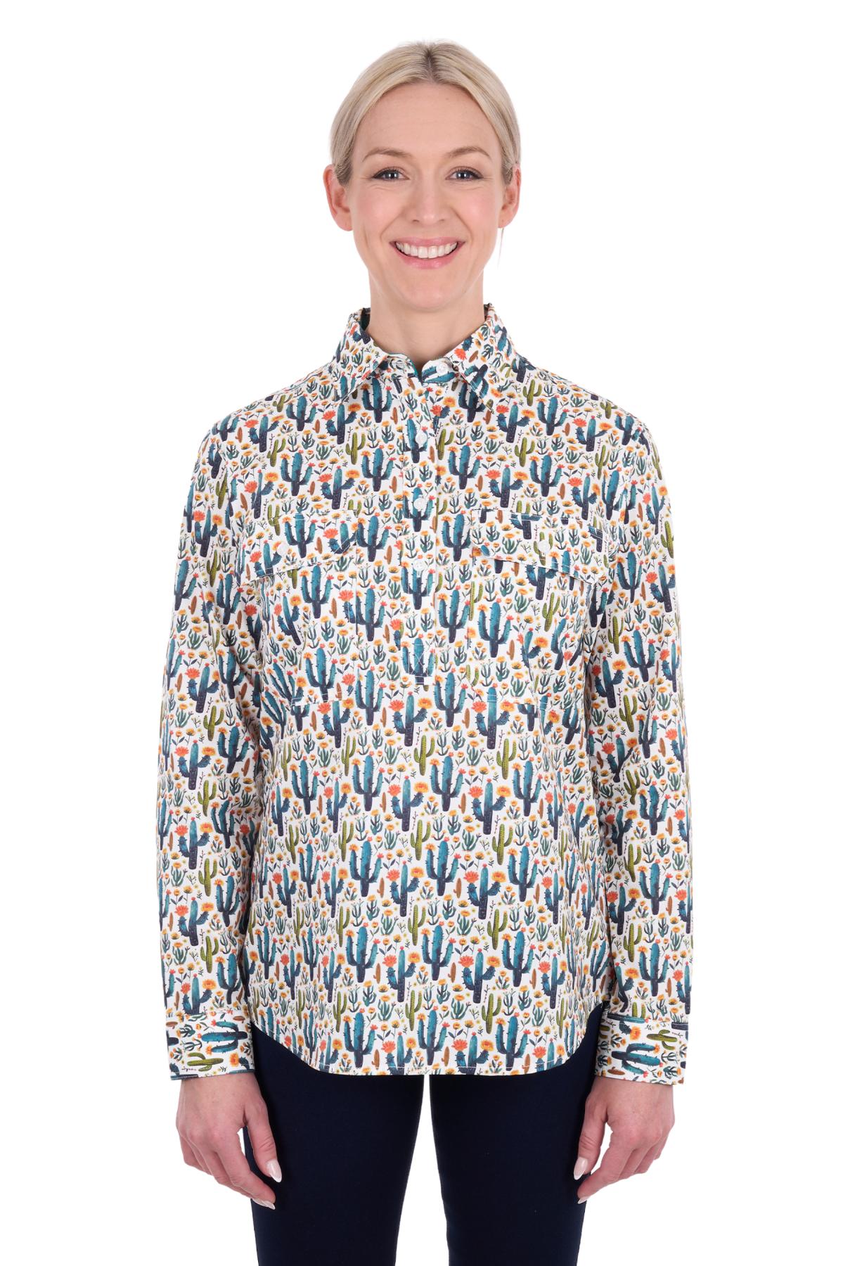 'Alba' Half Placket Longsleeve Shirt - Teal/Green