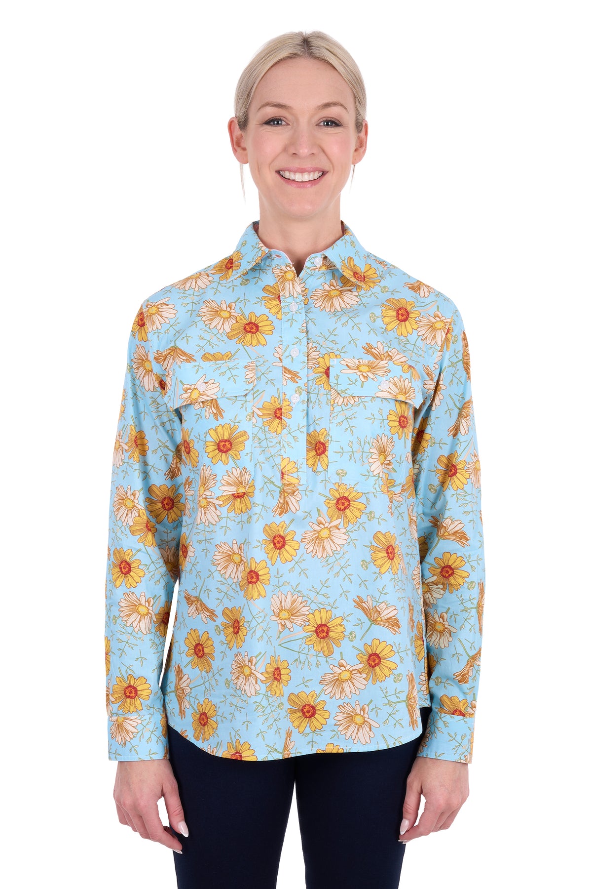 'Sunday' Half Placket Longsleeve Shirt - Blue/Yellow