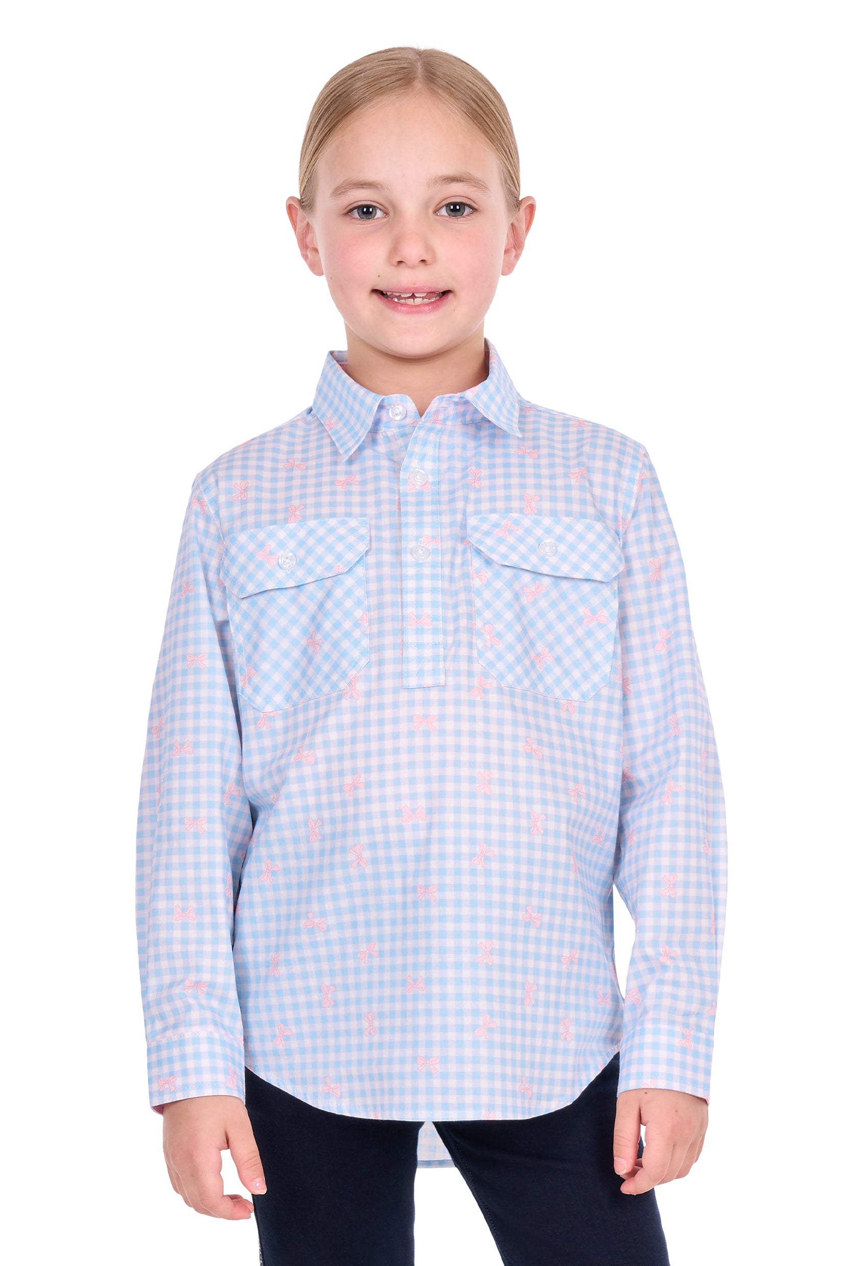 'Lillia’ Half Placket Shirt - Light Blue/Pink Bows