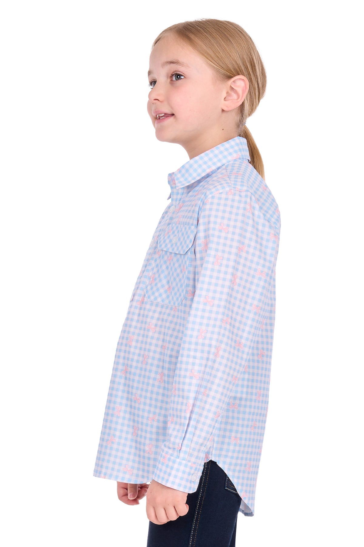 'Lillia’ Half Placket Shirt - Light Blue/Pink Bows