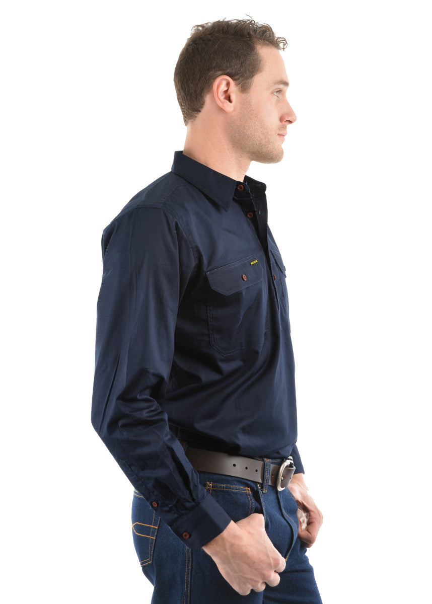 Mens Half Button Workshirt - Dark Navy