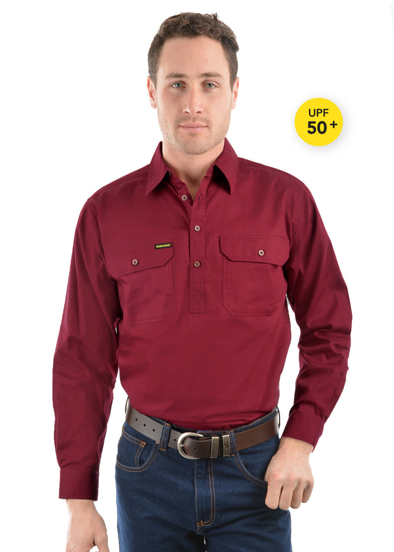 Mens Half Button Workshirt - Burgundy