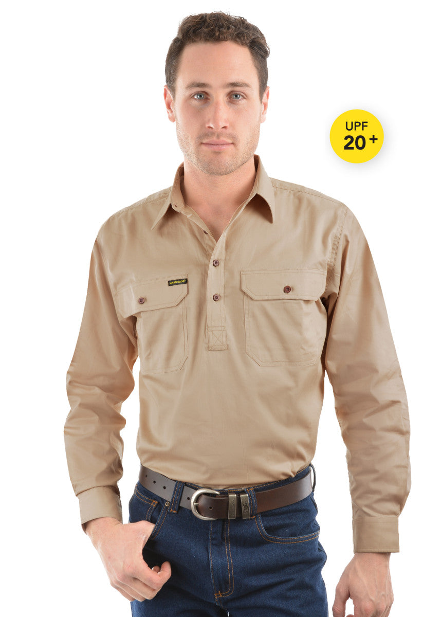 Mens Half Button Workshirt - Stone