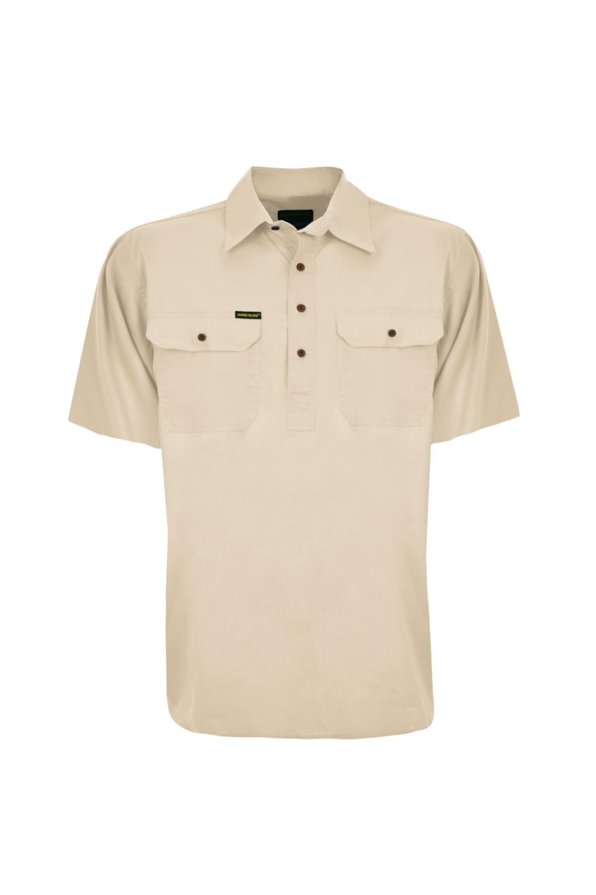 Mens Half Button Shortsleeve Cotton Shirt - Stone