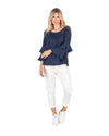 'Ava' Double Frilled Linen Top - Navy