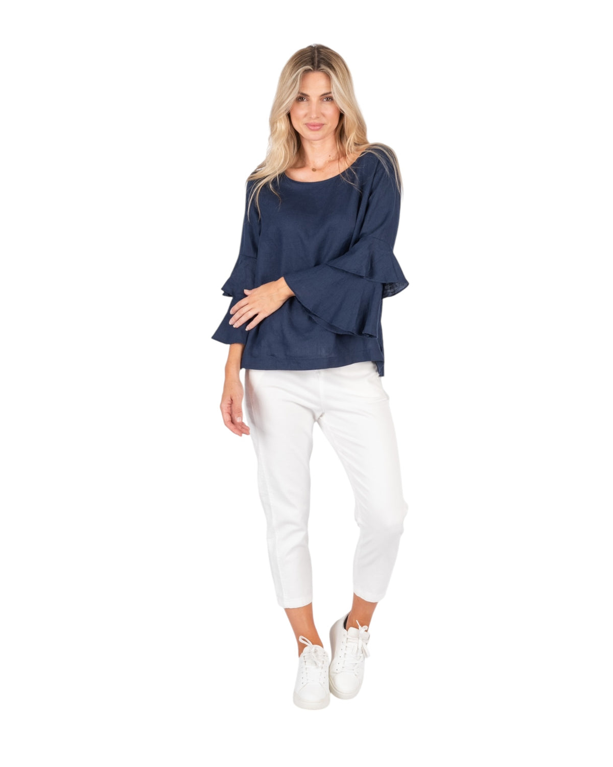'Ava' Double Frilled Linen Top - Navy