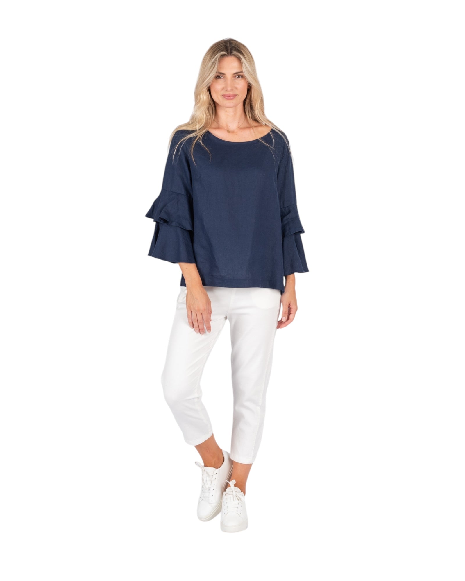 'Ava' Double Frilled Linen Top - Navy