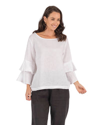 'Ava'  Double Frilled Linen Top - White