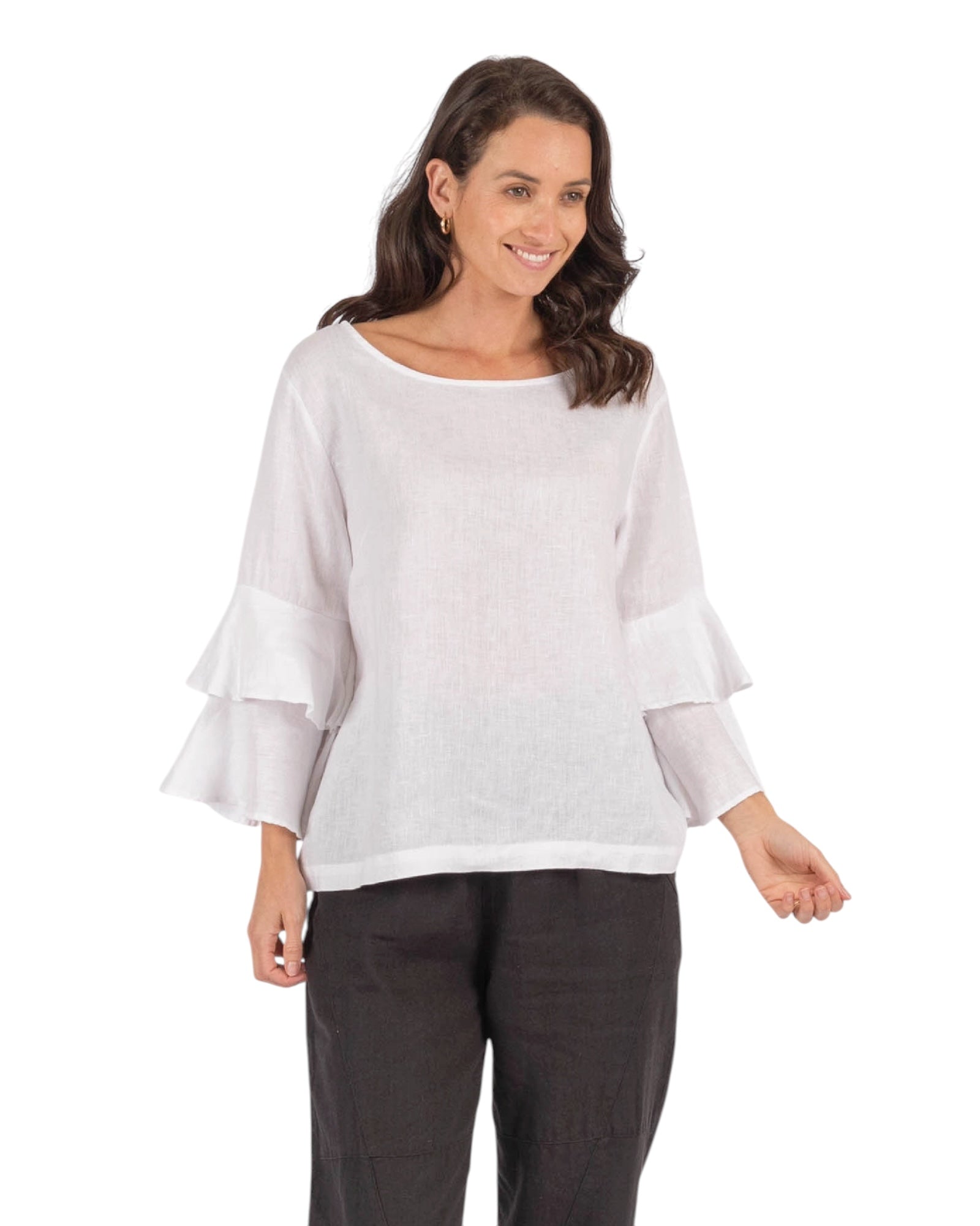 'Ava'  Double Frilled Linen Top - White