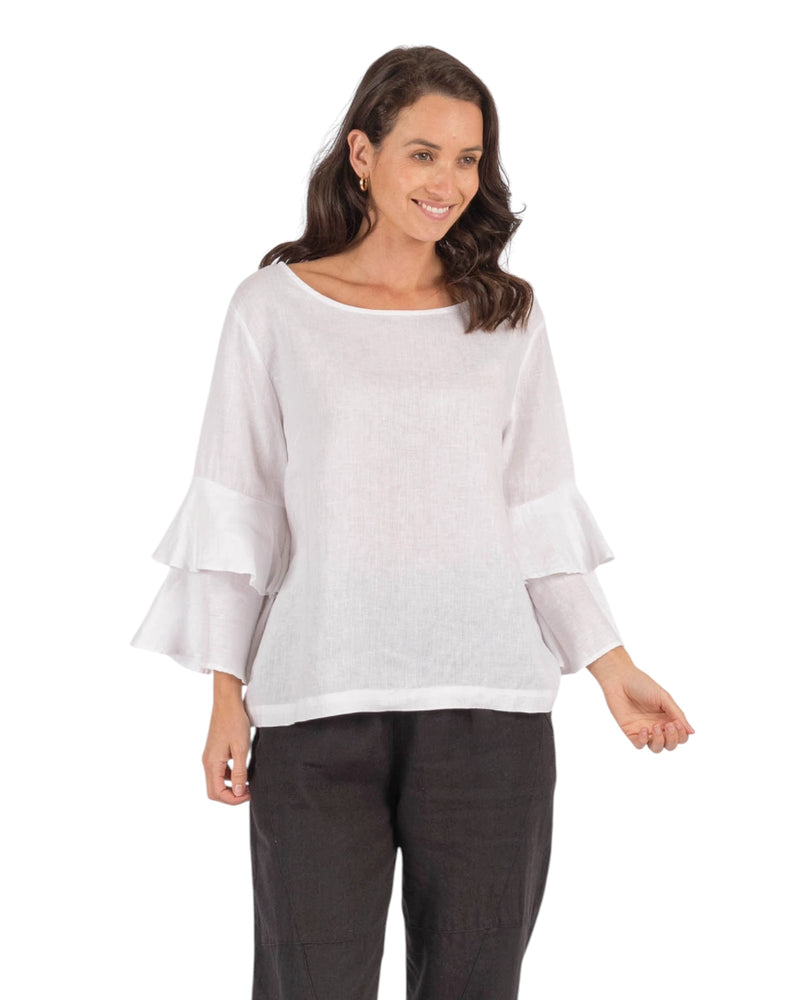 'Ava'  Double Frilled Linen Top - White