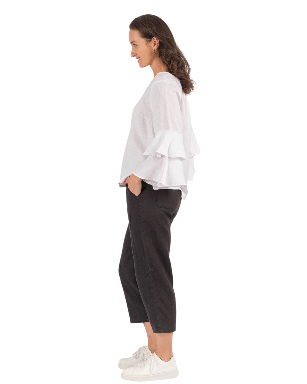 'Ava'  Double Frilled Linen Top - White