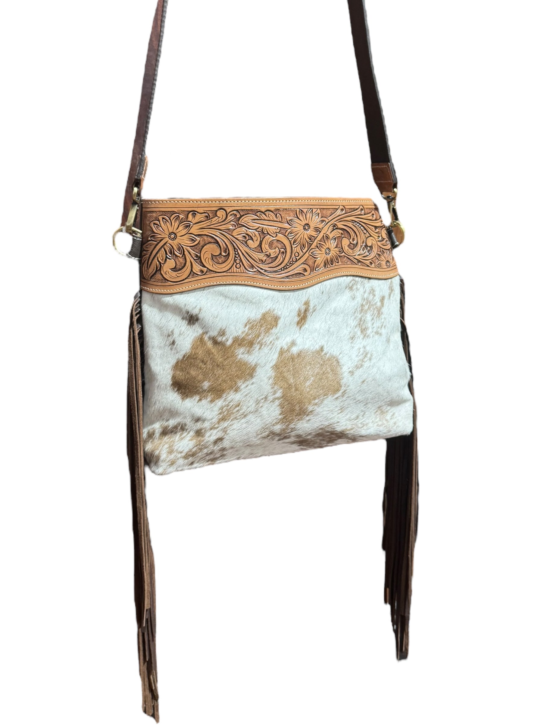 ‘Coolatai' Tooled Leather Cowhide Fringe Sling Bag - Brown