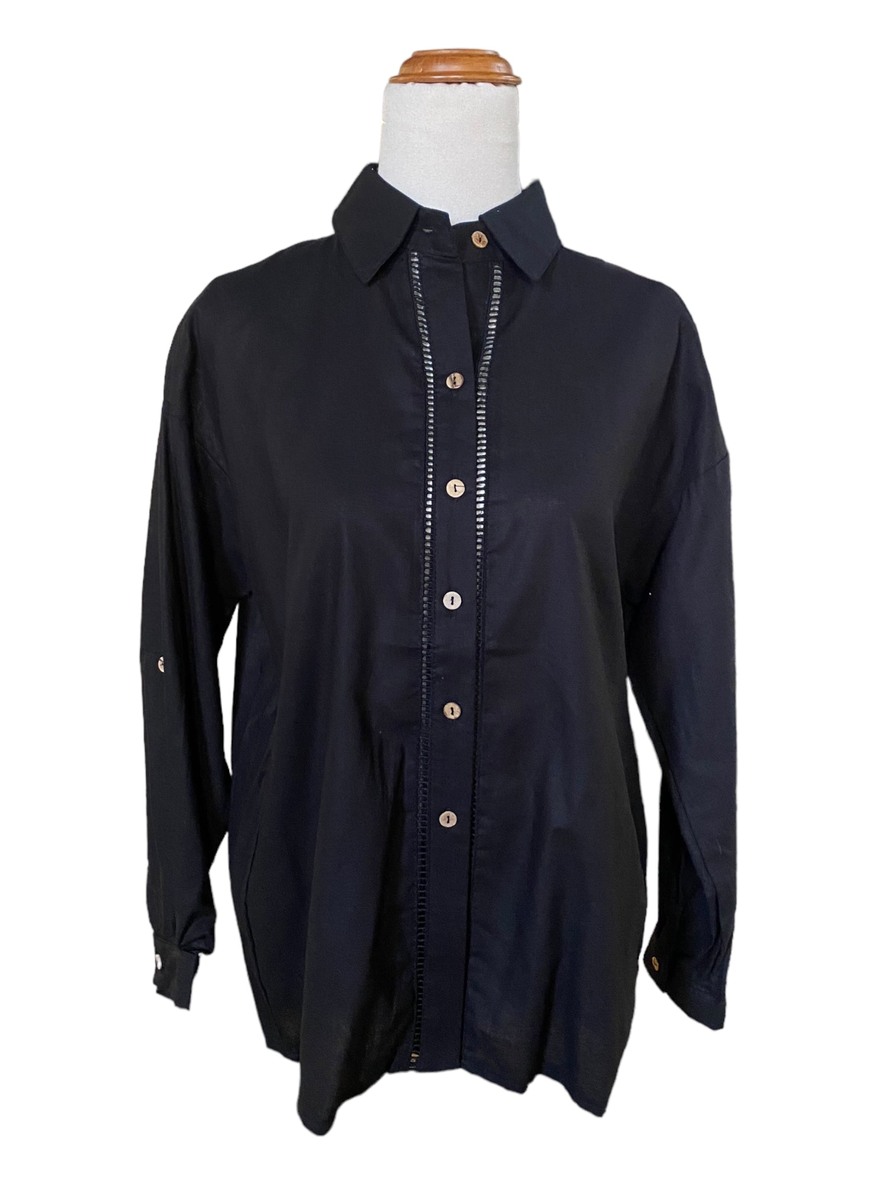 'Lydia' Lace Trim Shirt - Black