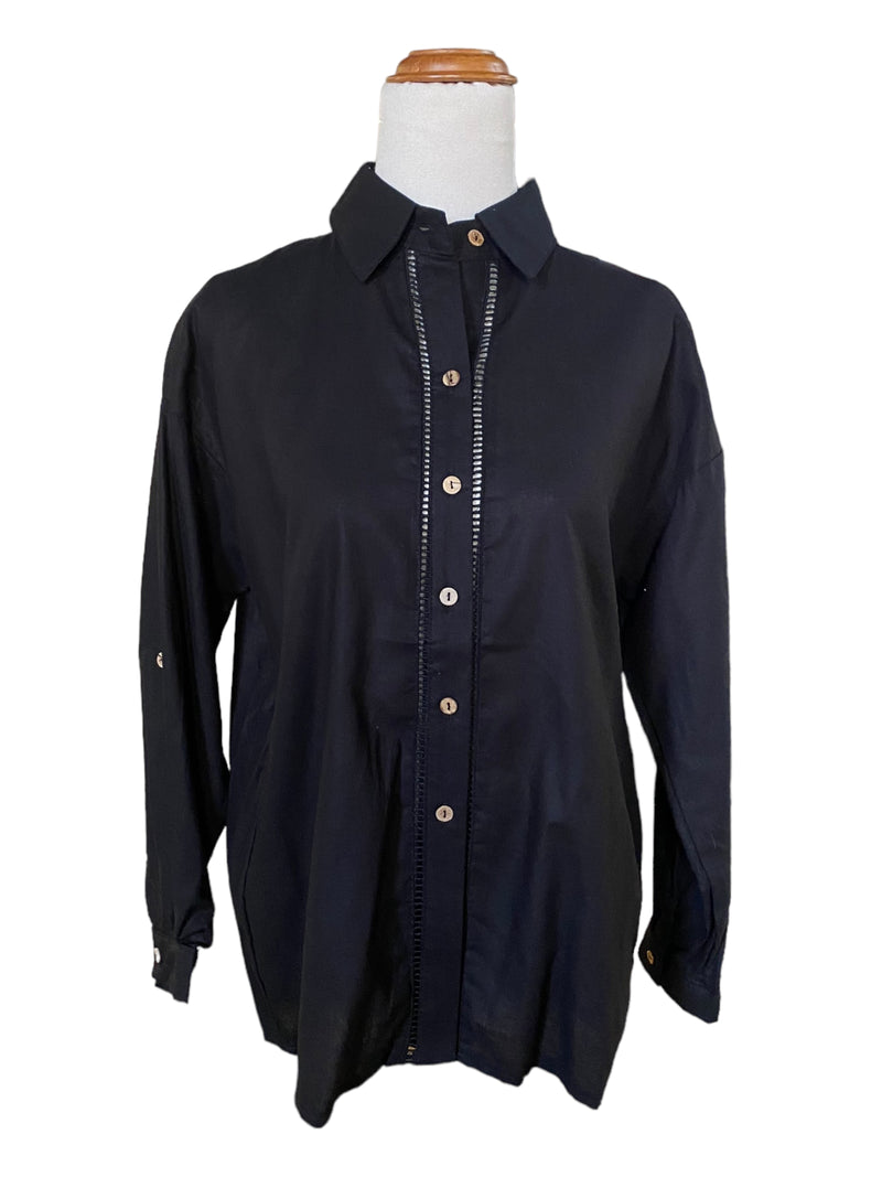 'Lydia' Lace Trim Shirt - Black