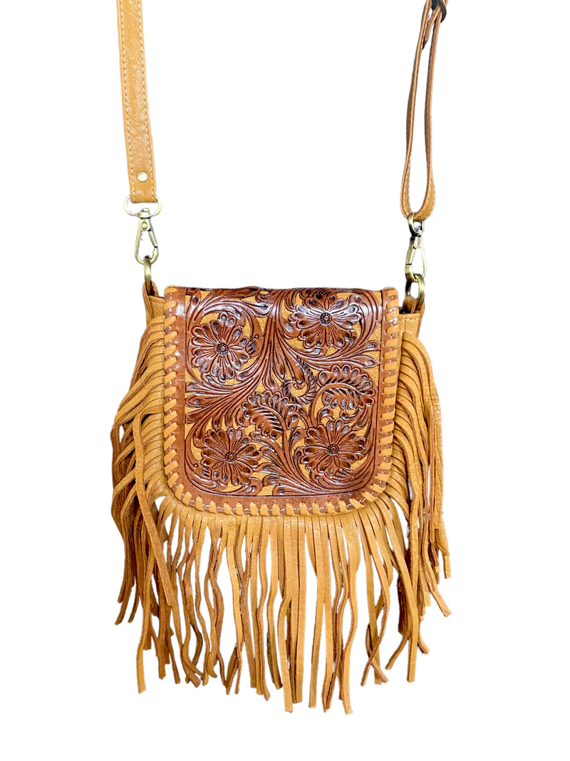 'Bellingen' Tooled Leather Crossbody Fringe Bag - Tan