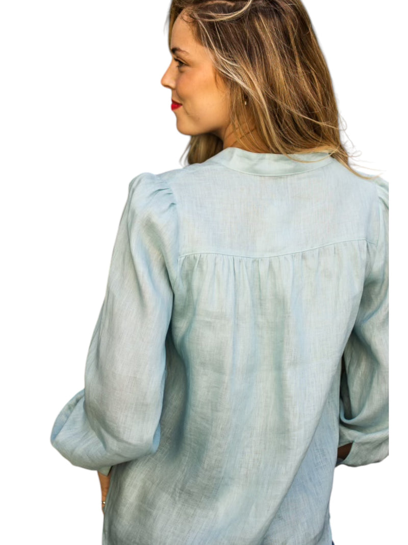 'Bianca' Pure Linen Button Down Shirt - Sage