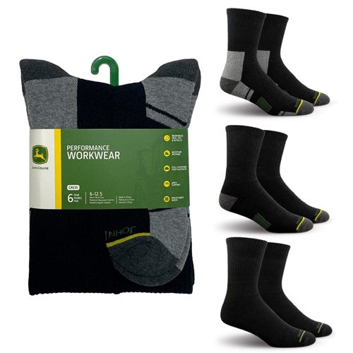 Black Crew Performance Socks (Shoe Size 6-12.5) - 6 Pack