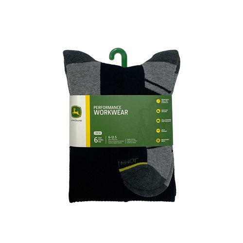 Black Crew Performance Socks (Shoe Size 6-12.5) - 6 Pack