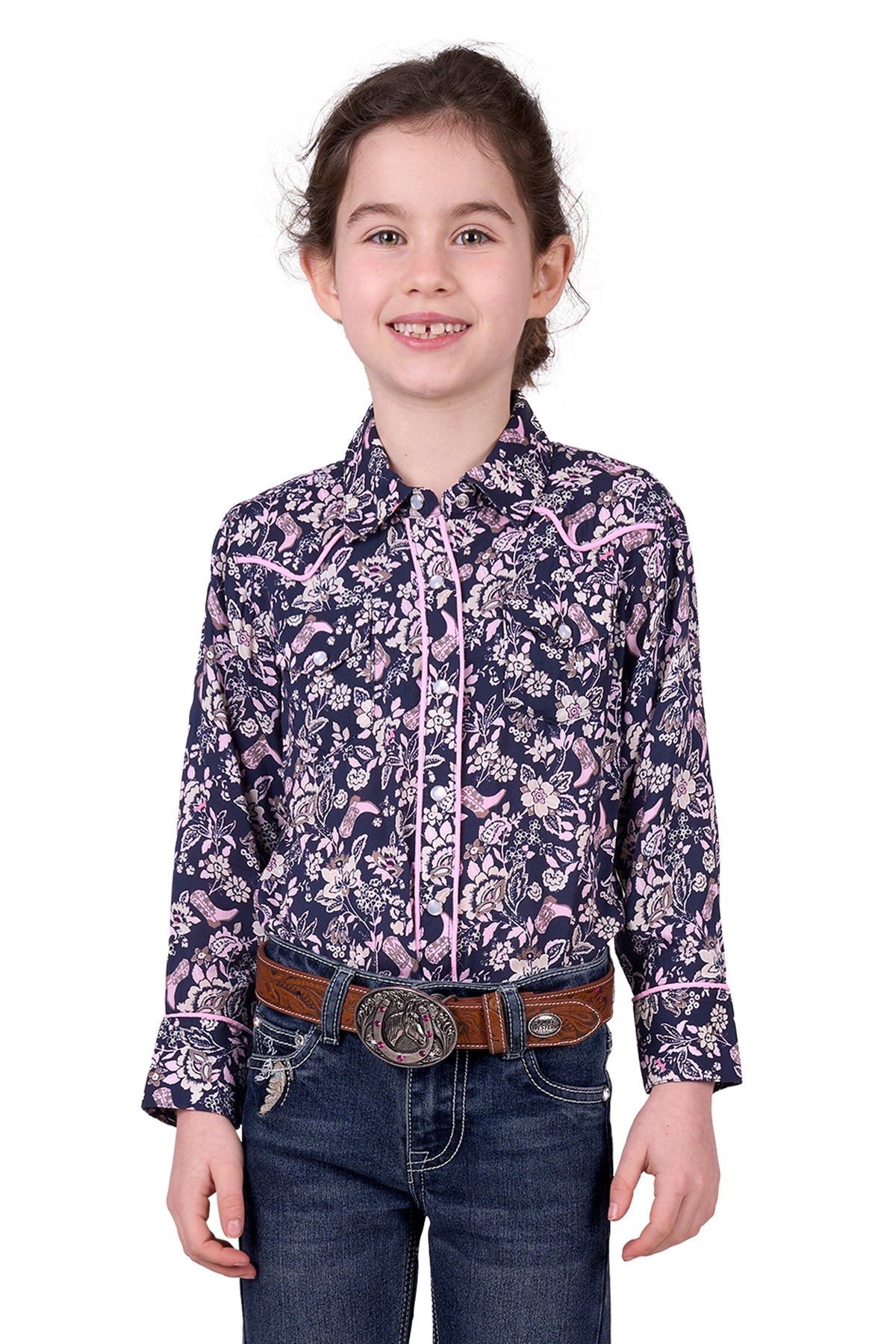 'Hannah' Print Western Long Sleeve Shirt - Navy