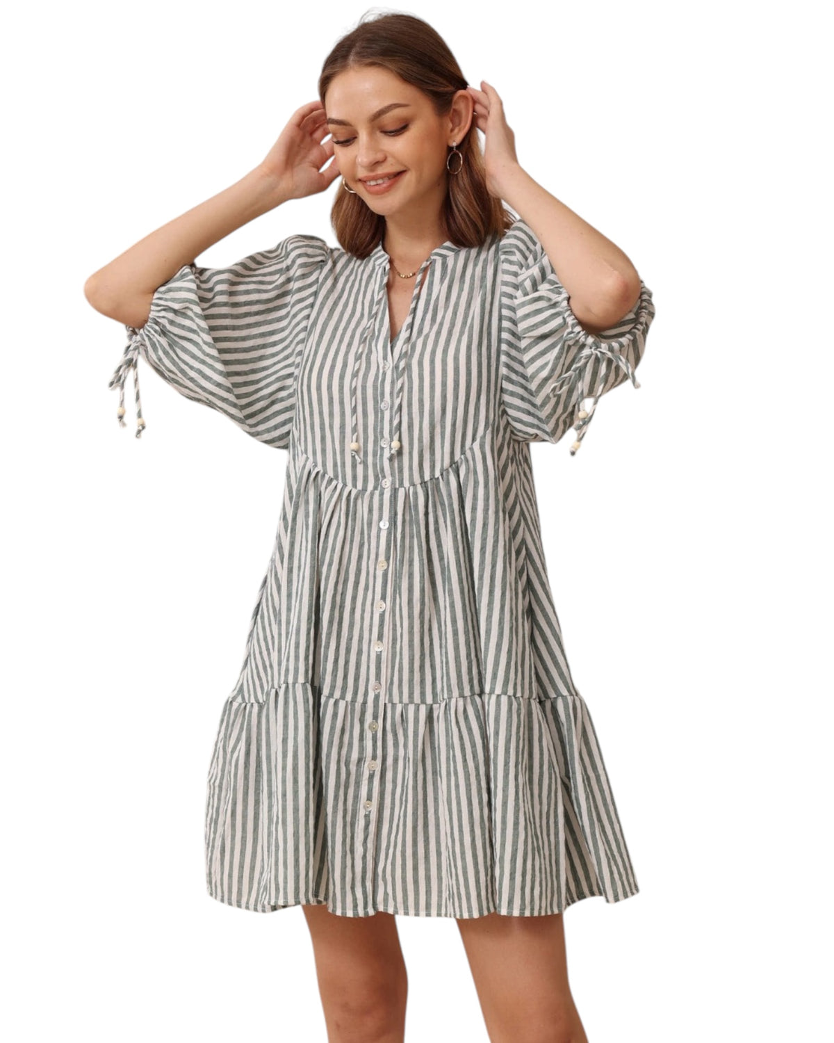 'Jess' Stripe Babydoll Dress - Sage