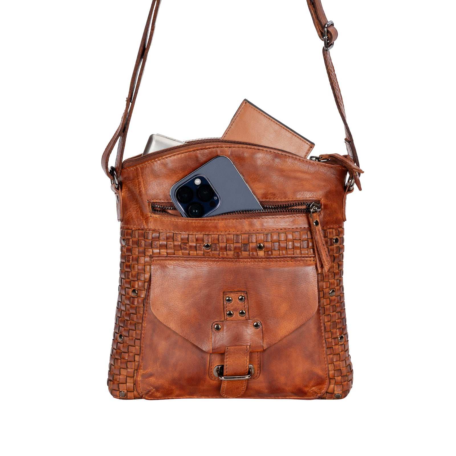 Woven Leather Shoulder Bag - Cognac