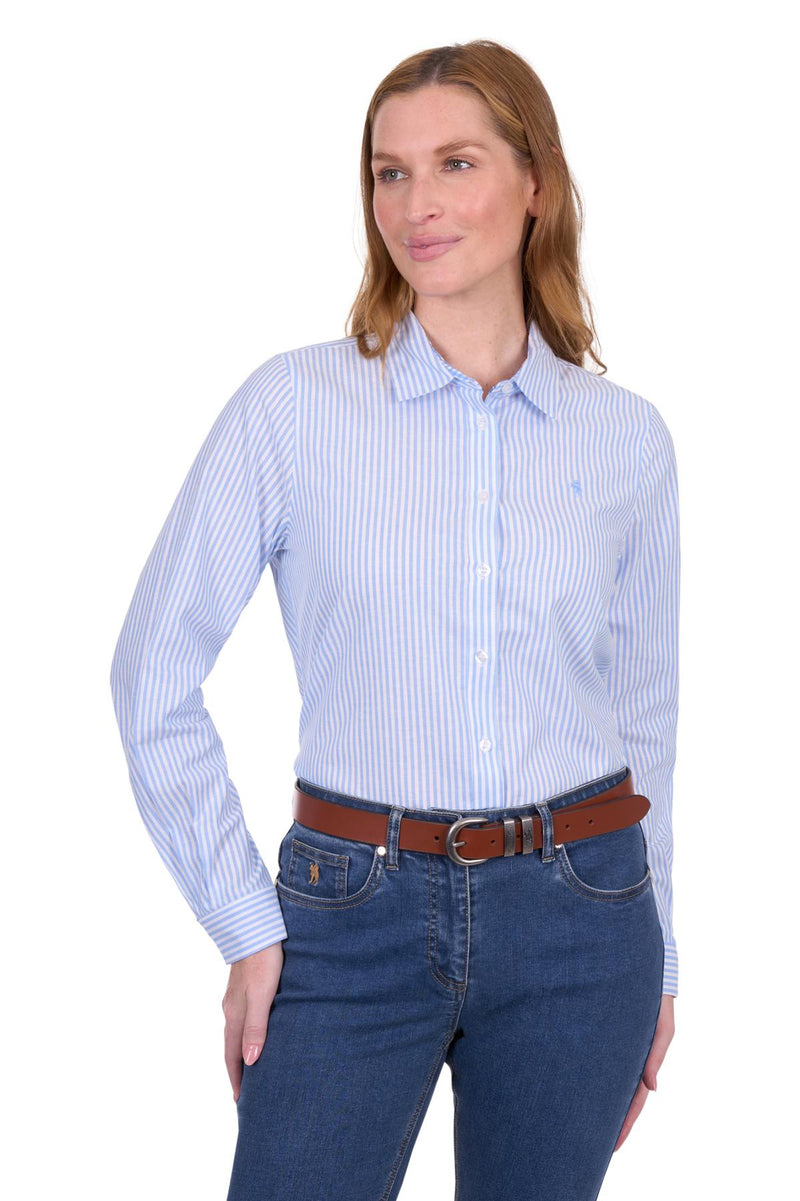 'Laura' Linen Longsleeve Stripe Shirt - Blue