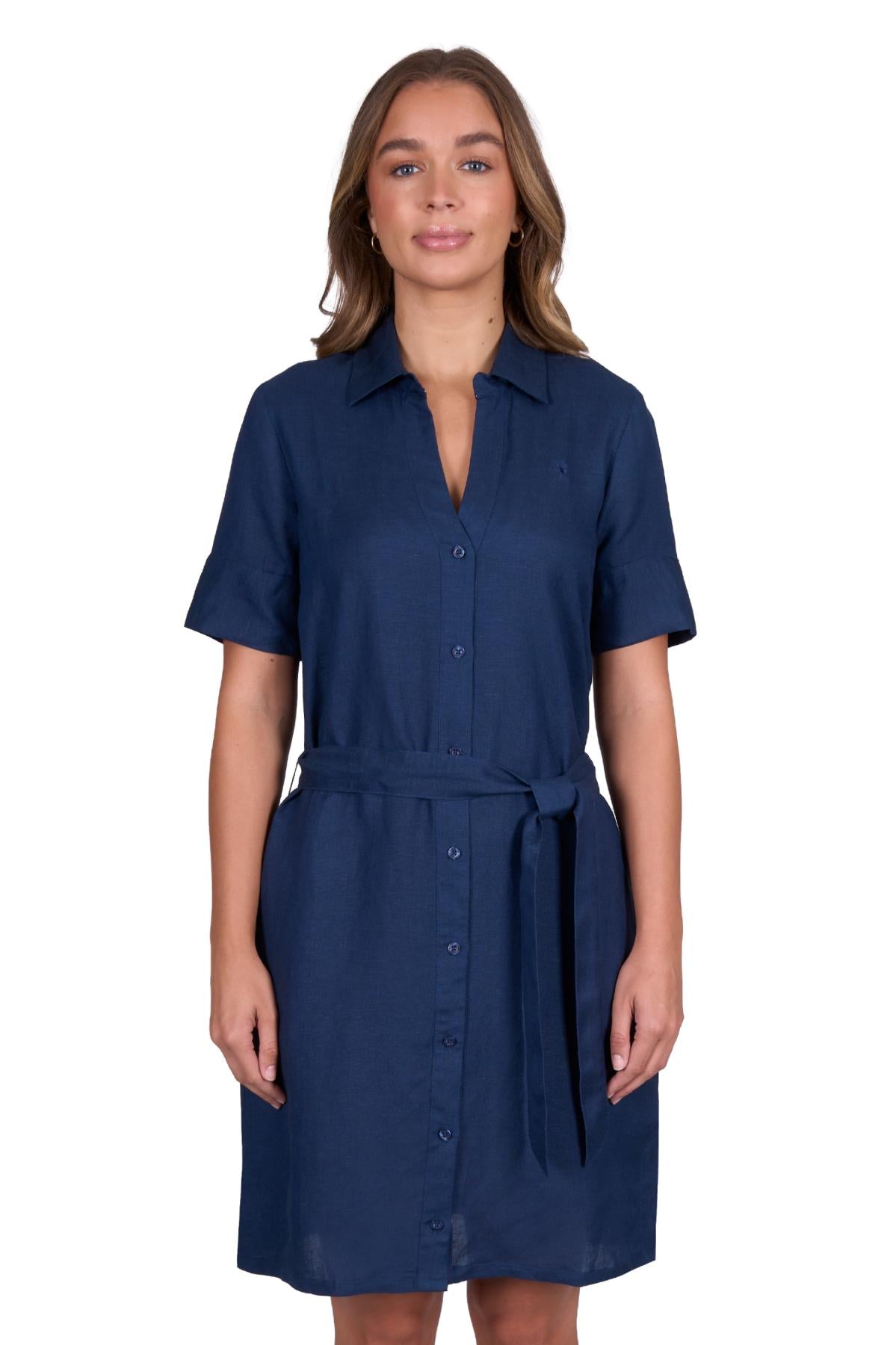 ‘Sophie' Linen Shirt Dress - Navy