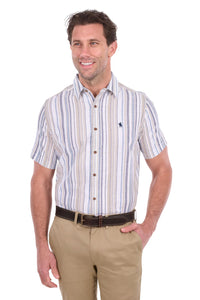 'Max' Linen Shortsleeve Stripe Shirt - Navy/Tan