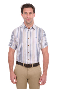 'Max' Linen Shortsleeve Stripe Shirt - Navy/Tan