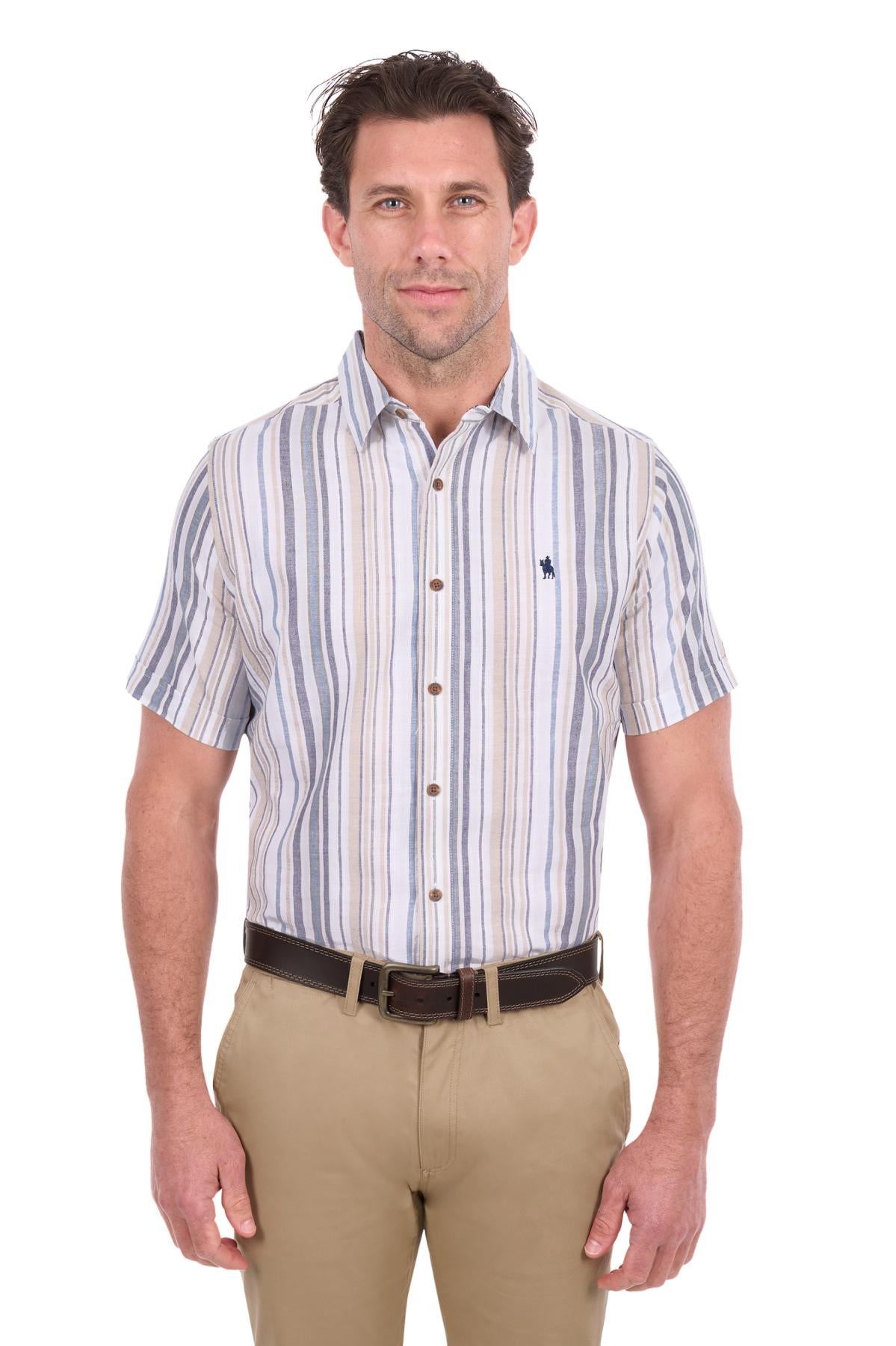 'Max' Linen Shortsleeve Stripe Shirt - Navy/Tan