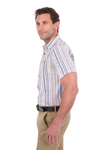'Max' Linen Shortsleeve Stripe Shirt - Navy/Tan