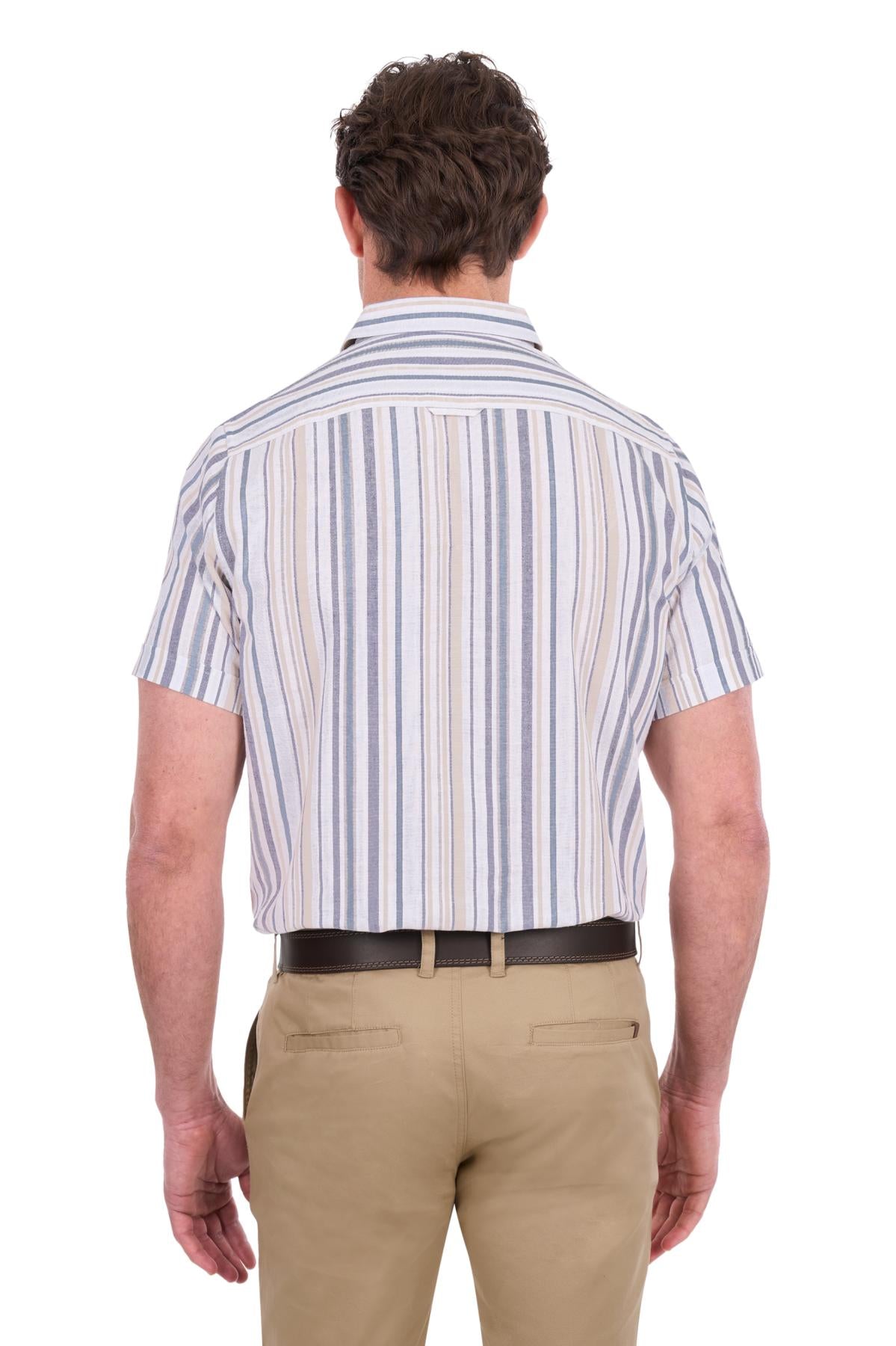 'Max' Linen Shortsleeve Stripe Shirt - Navy/Tan