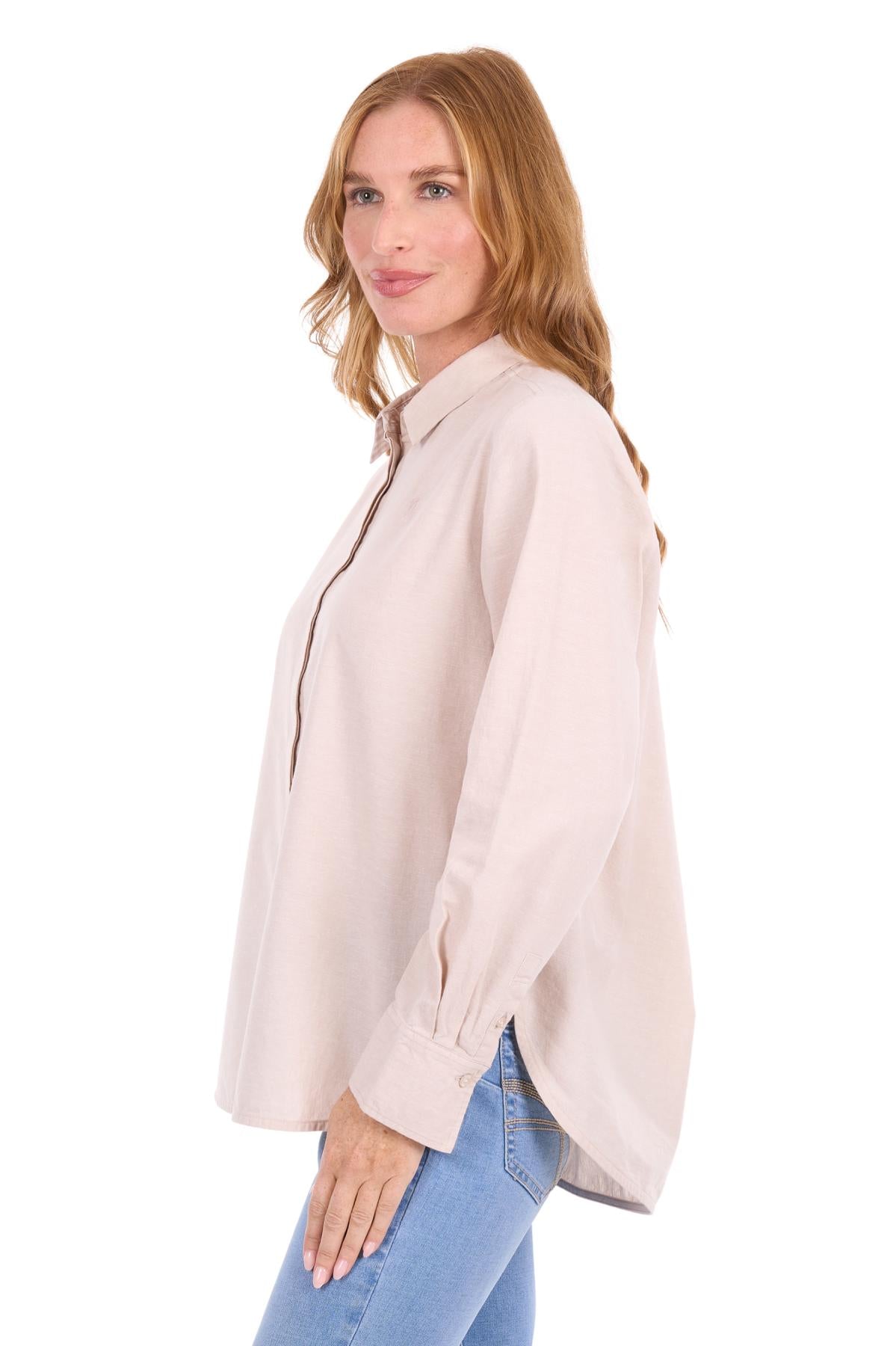 'Elvie' Linen Longsleeve Shirt - Natural Marle
