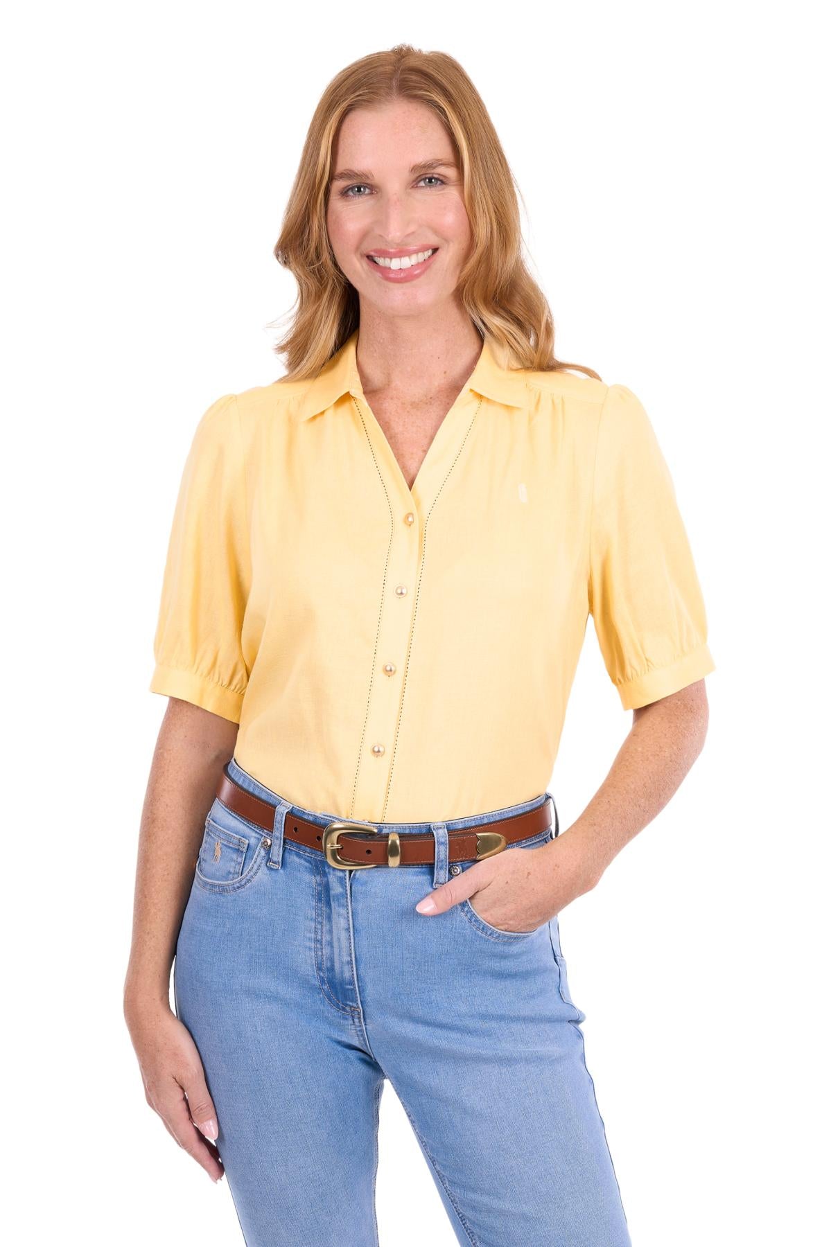 'Colette' Linen Shortsleeve Shirt - Yellow