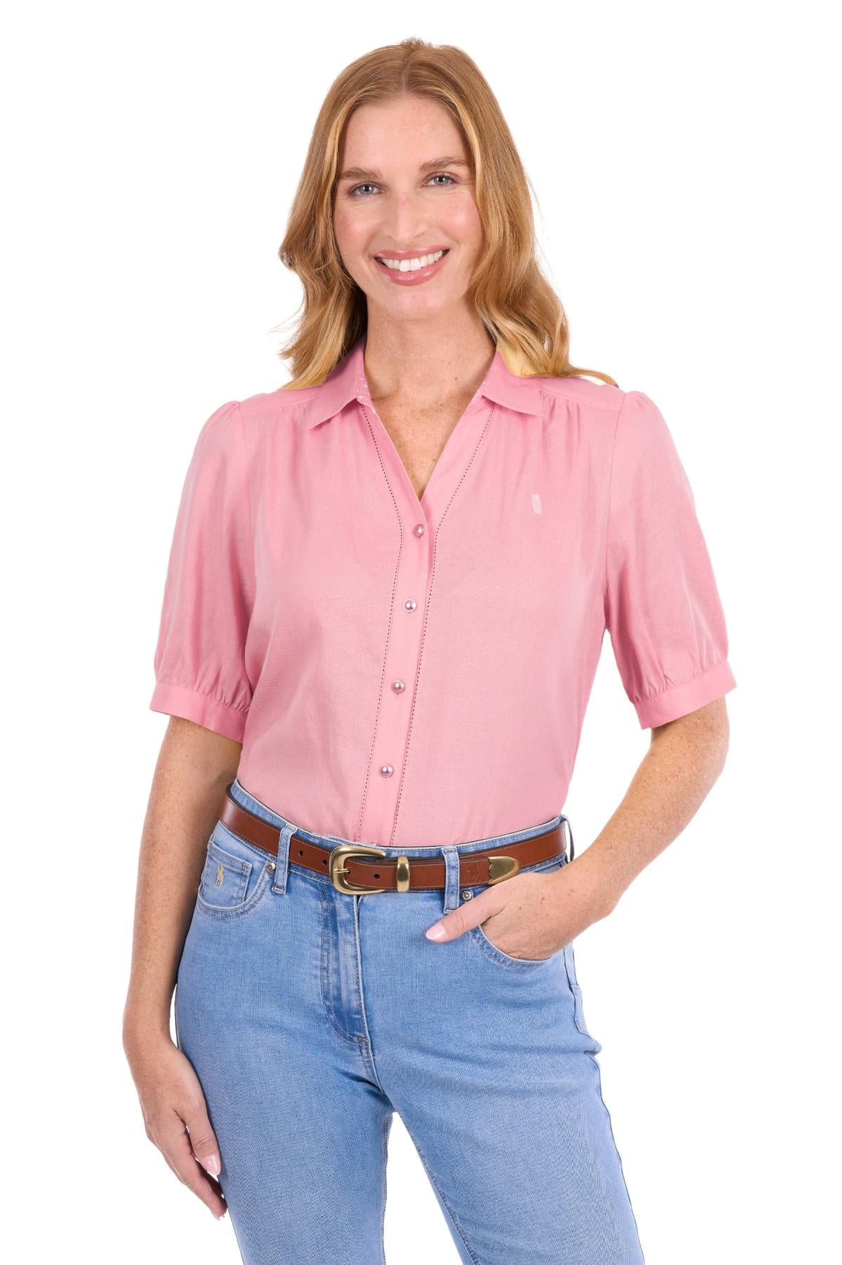 'Colette' Linen Shortsleeve Shirt - Rose Pink