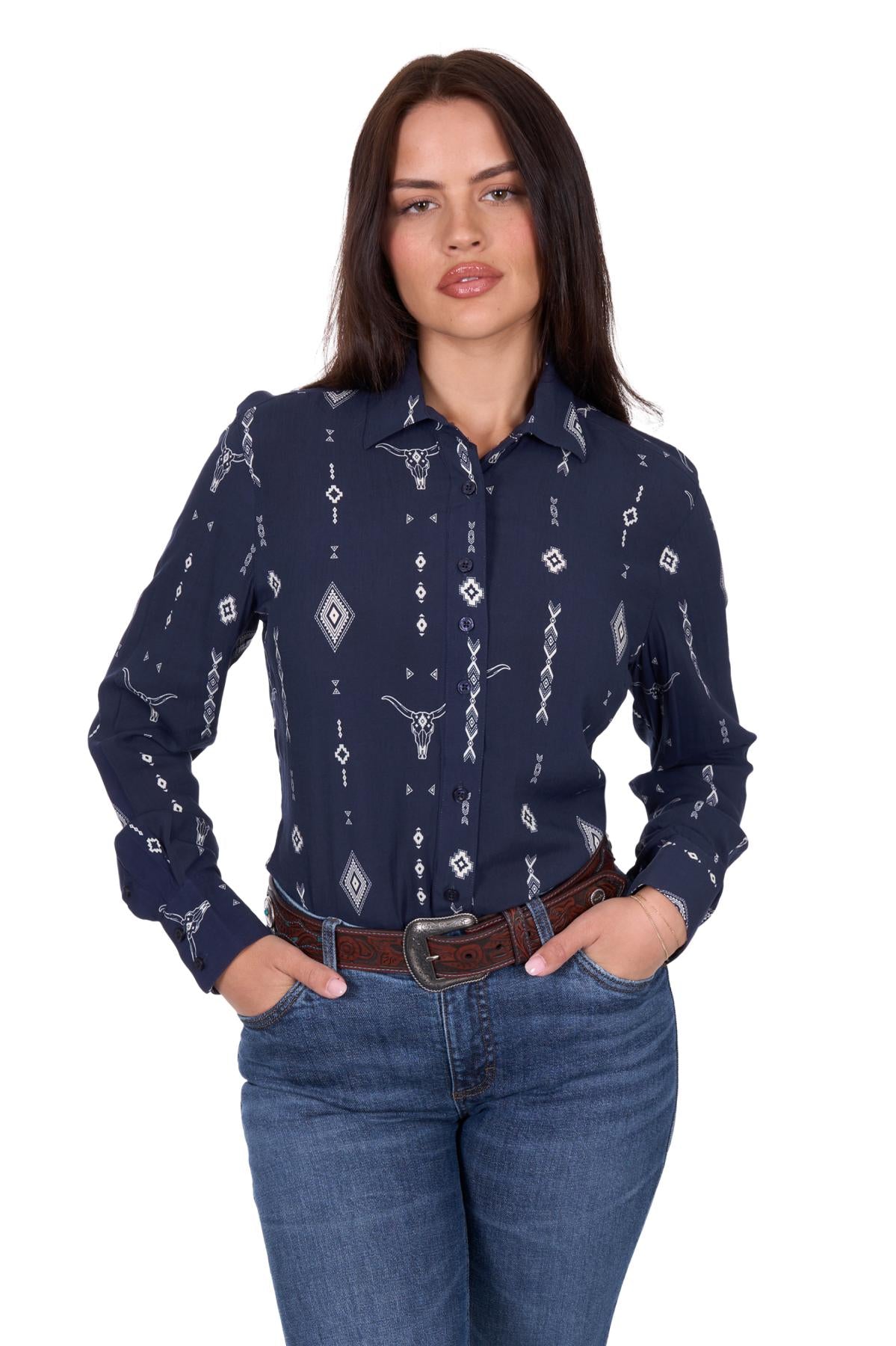 'Austin' Print Long Sleeve Shirt - Navy