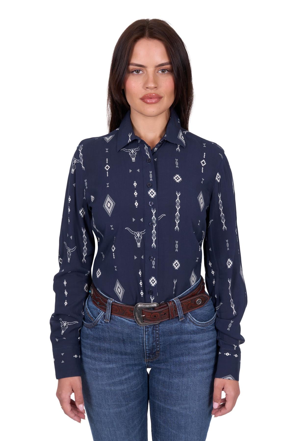 'Austin' Print Long Sleeve Shirt - Navy