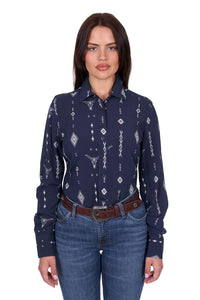 'Austin' Print Long Sleeve Shirt - Navy