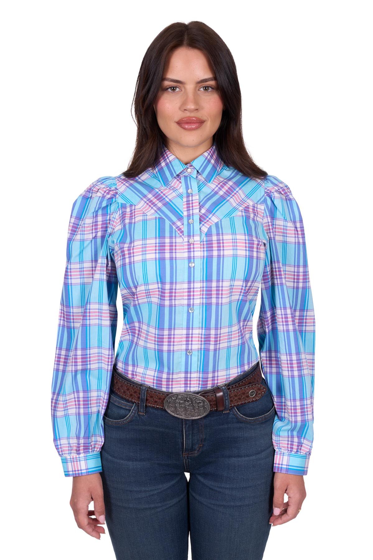 'Emily' Long Sleeve Check Shirt - Blue