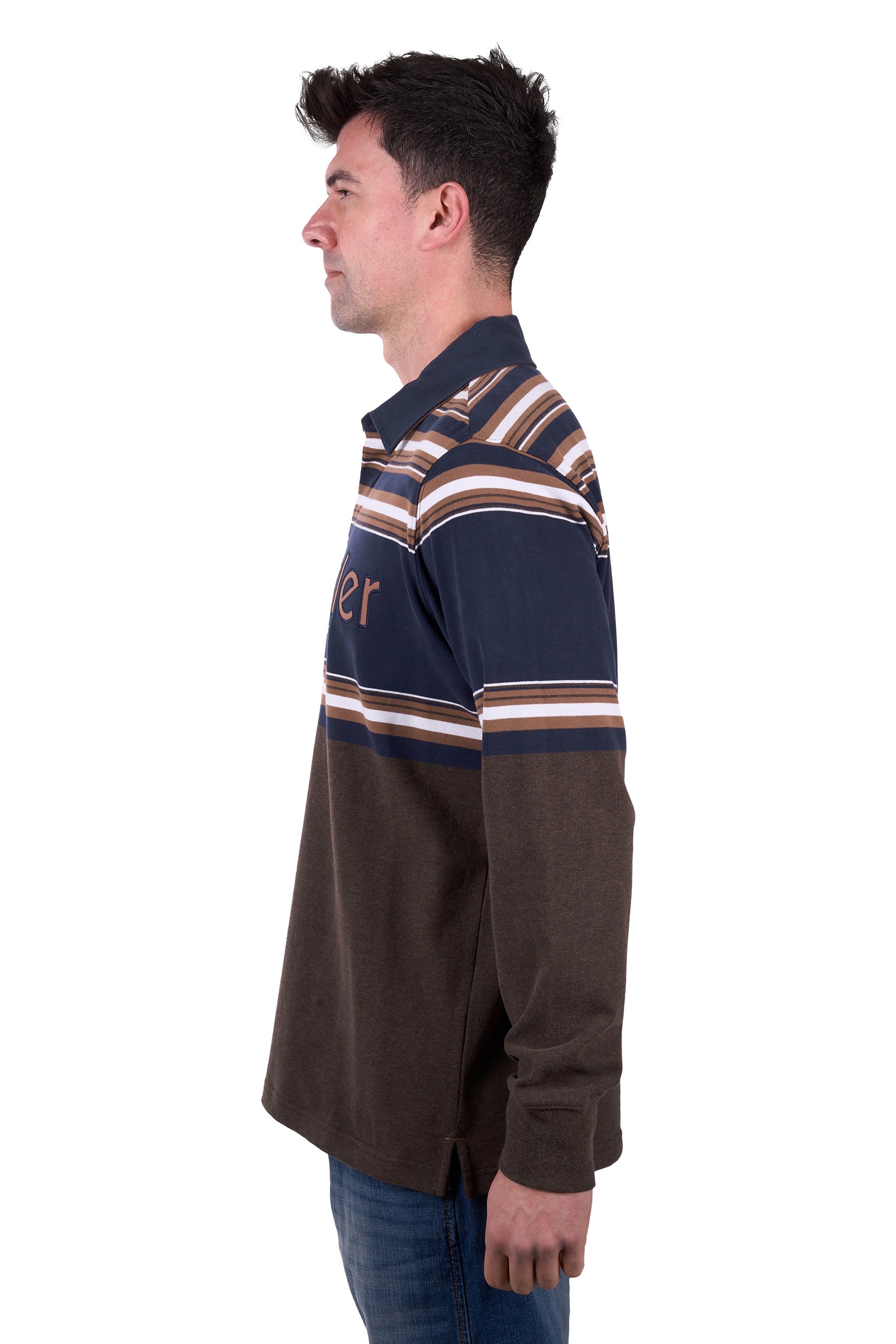 'Nico' Stripe Rugby Jumper - Navy/Brown