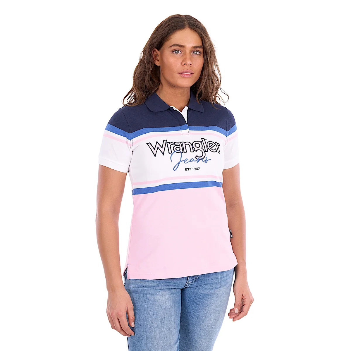 'Maeve' Stripe Polo Shirt - Pink/Navy