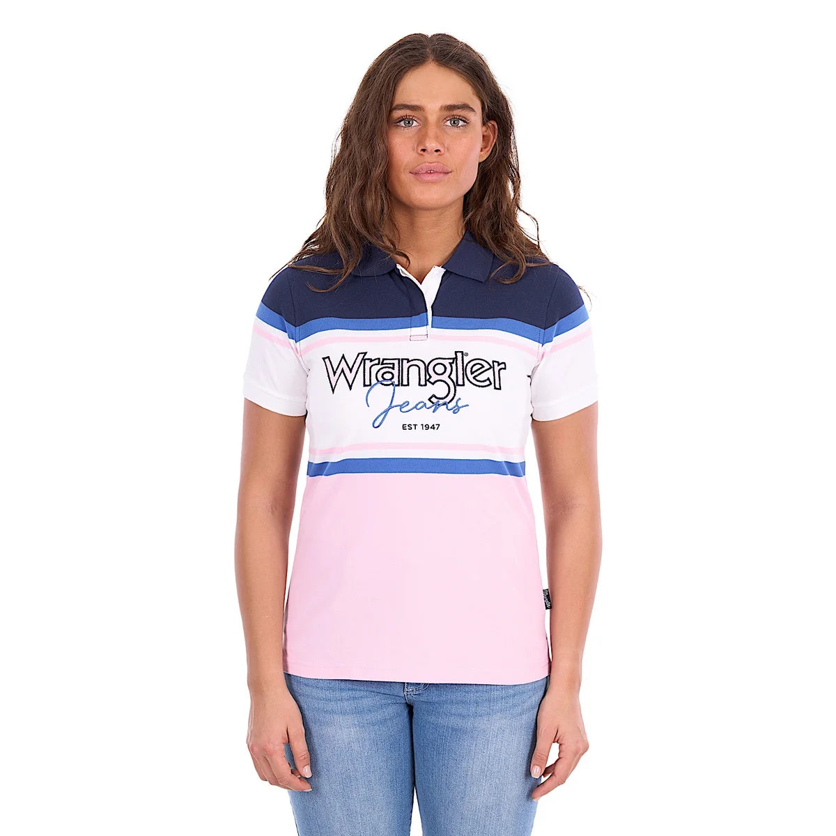 'Maeve' Stripe Polo Shirt - Pink/Navy