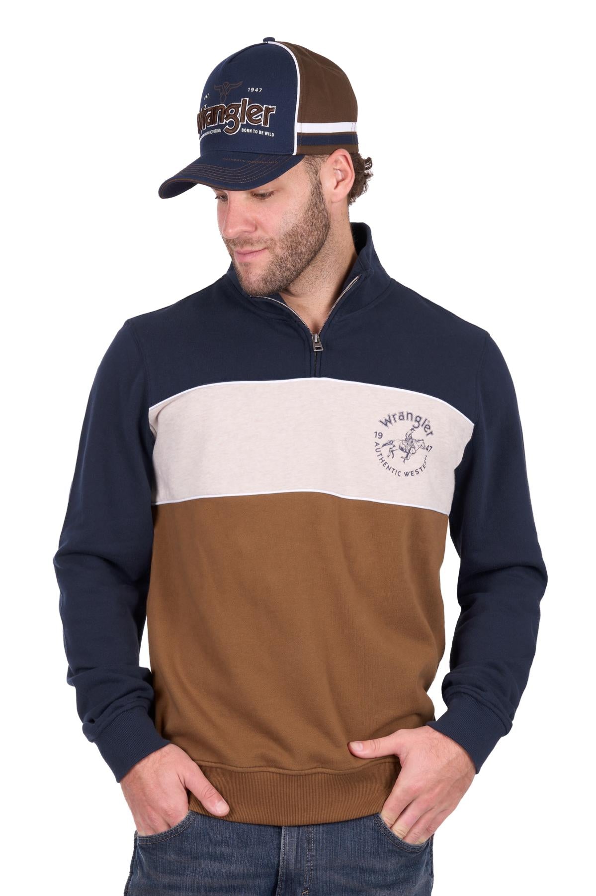 'Steve' 1/4 Zip Pullover Jumper - Navy/Tan