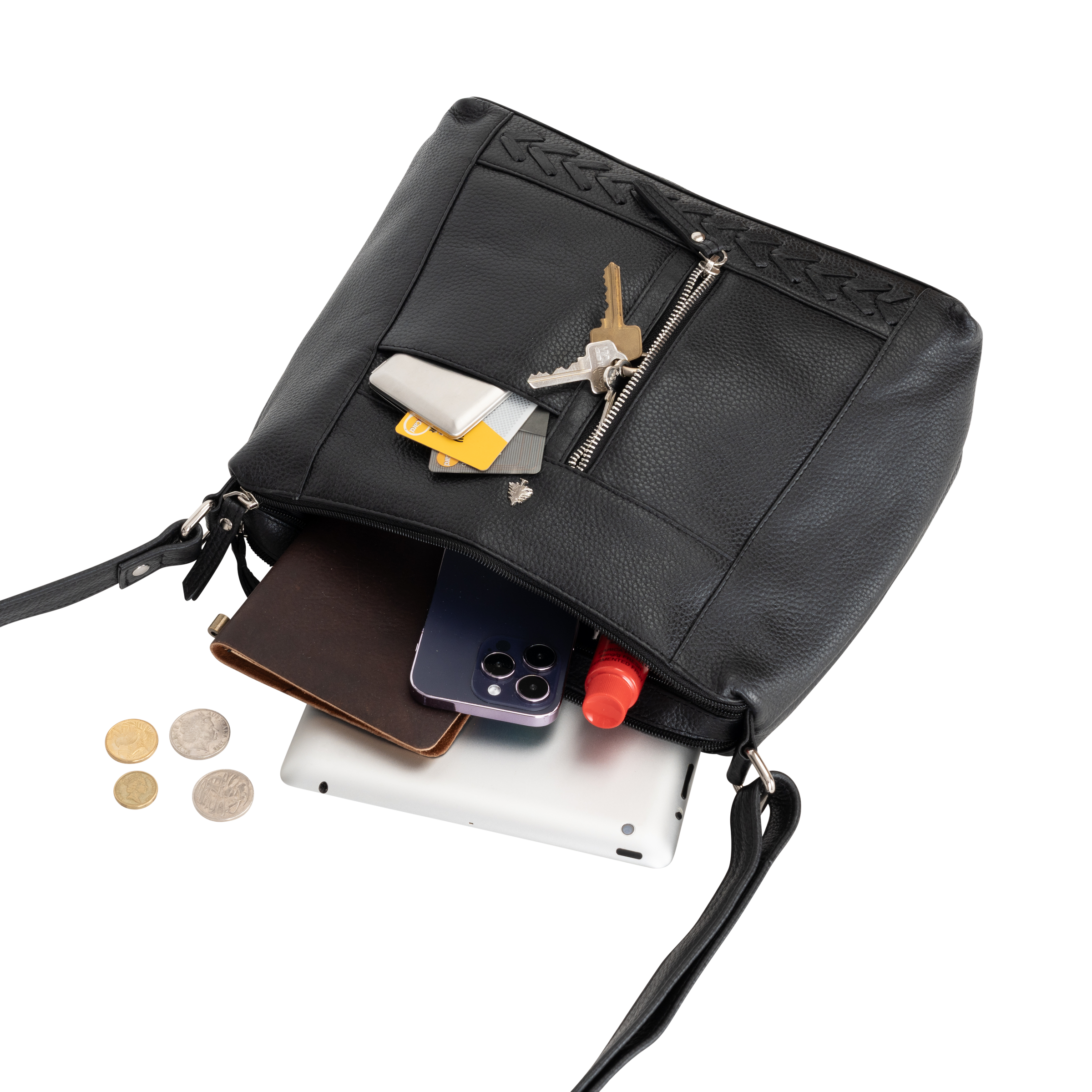 'Savannah' Woven Detail Leather Crossbody Bag – Classic Black