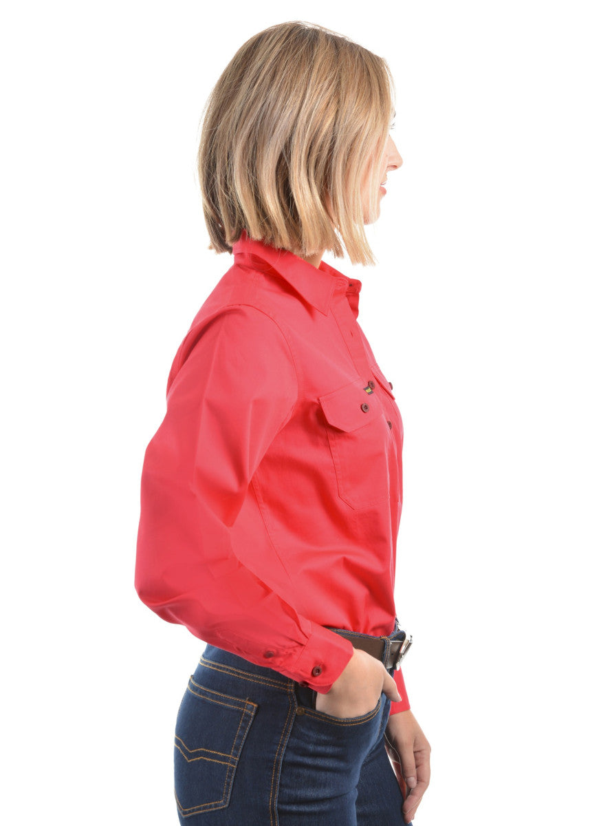 Womens Half Button Workshirt - Red Poppy