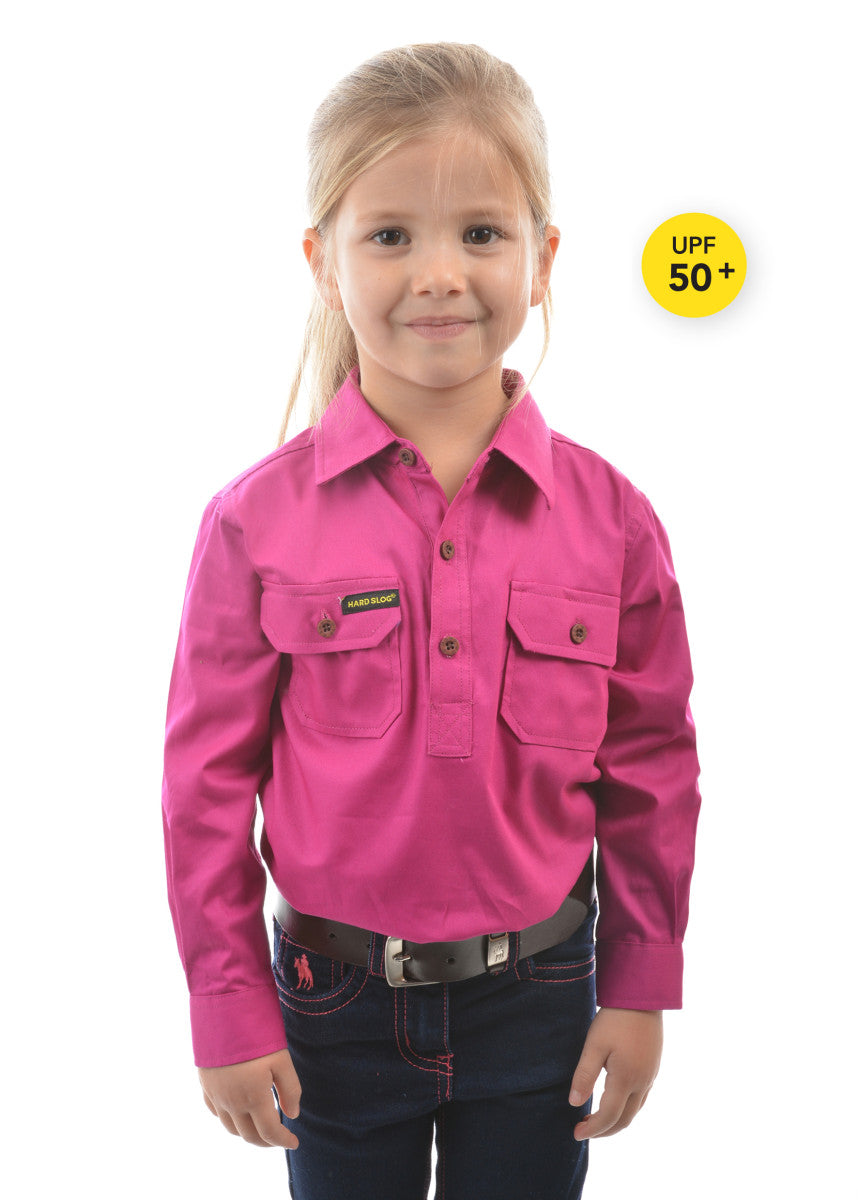 Kids Longsleeve Half Button Workshirt - Fushcia