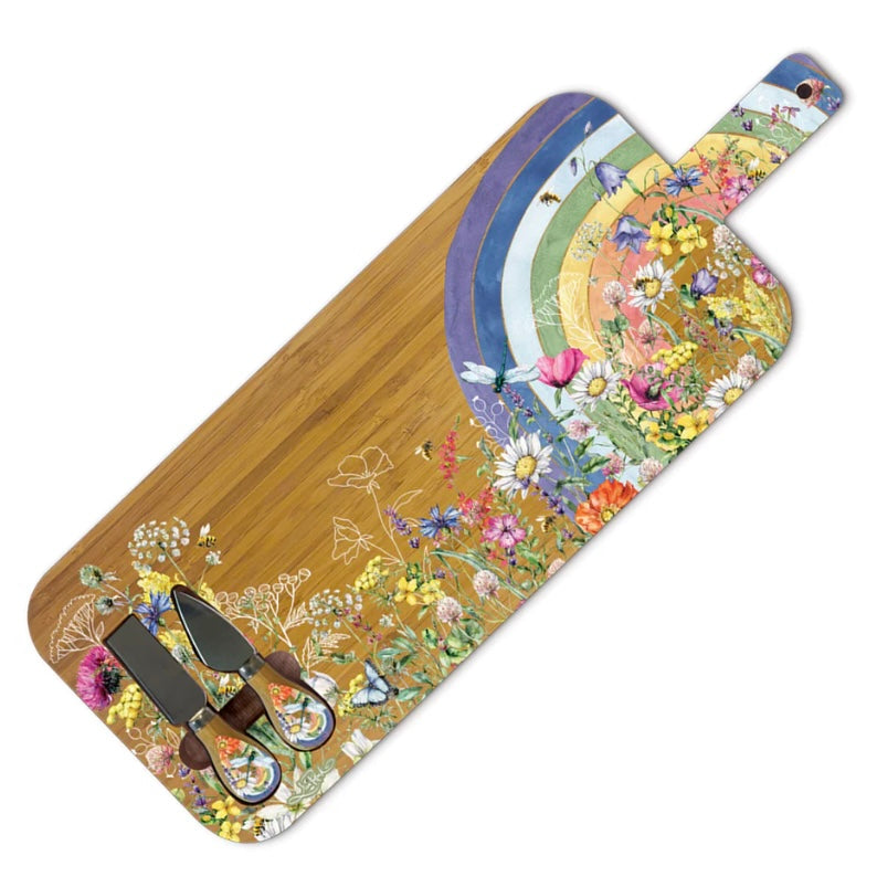 Large Bamboo Grazing Board with Cheese Knives - Wildflower Rainbow